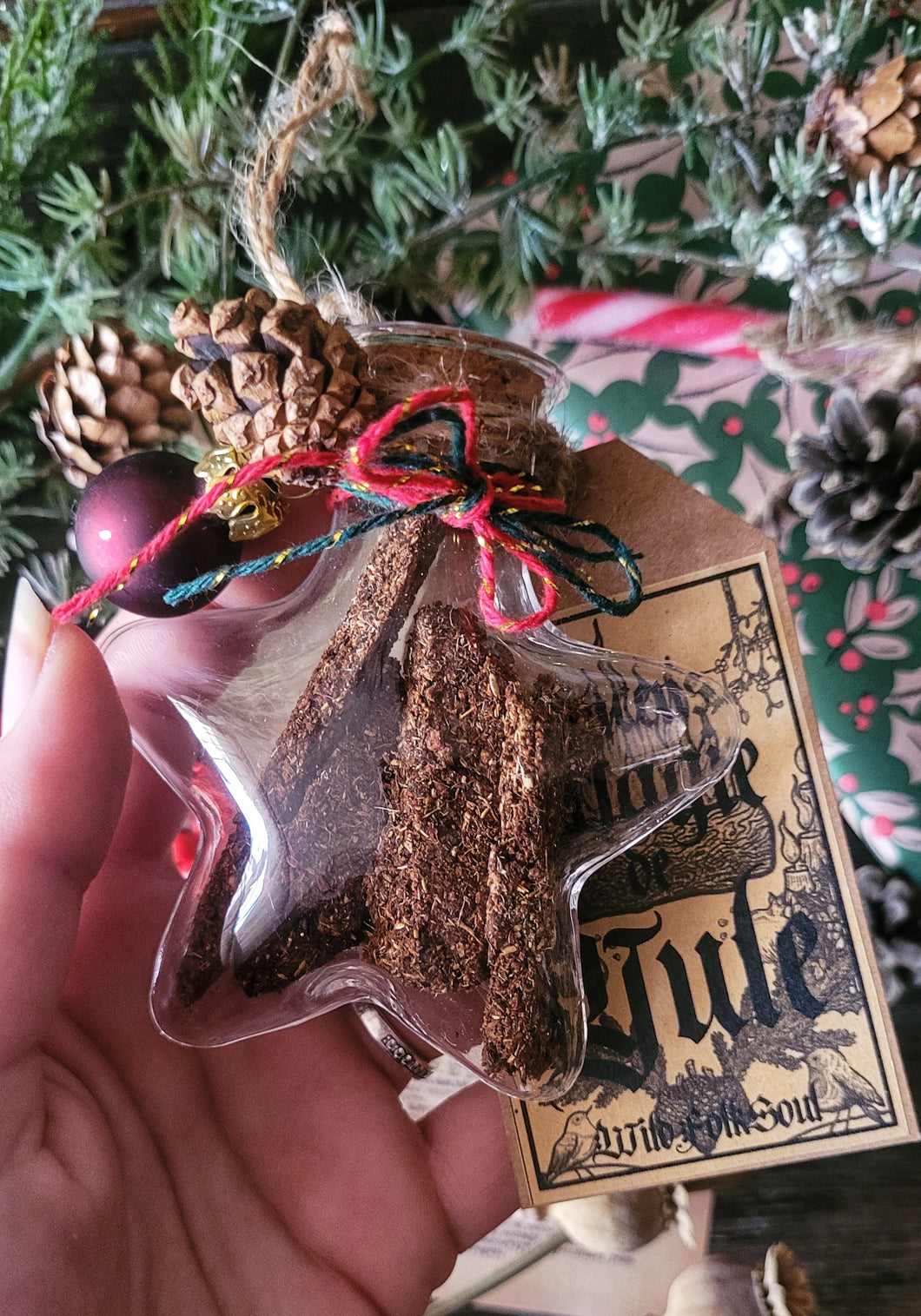Entirely handmade Yule stick incense in its hanging vial 