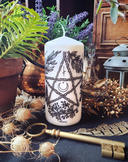 White Herbal Pentacle Candle Unscented 